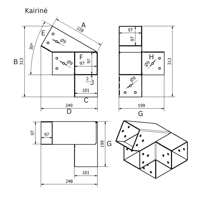 Kampinė - gegninė medinių konstrukcijų tvirtinimo jungtis, 4 jungčių Kampinė - gegninė medinių konstrukcijų tvirtinimo jungtis, 4 jungčių